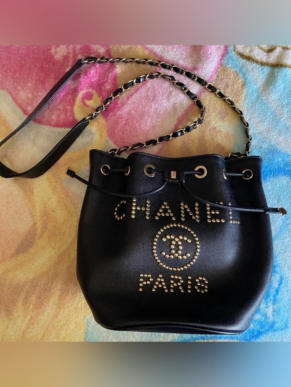 Chanel Bucket Black/gold Caviar Crossbody Studded small Mini CC Flap WOC Worn 1x
